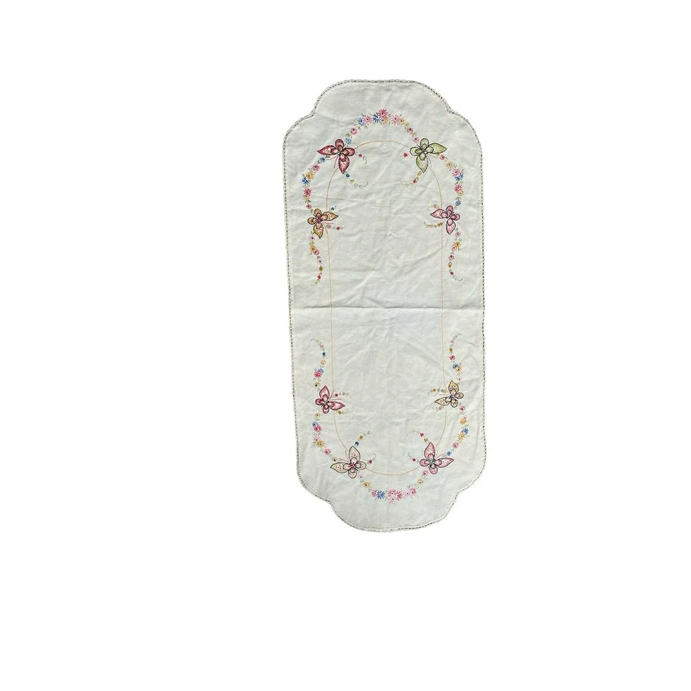 Vintage Embroidered Table Runner Butterfly Floral Dresser Scarf Linen